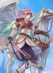  1girl :o armor belt blue_eyes breastplate cape elbow_gloves fire_emblem fire_emblem:_akatsuki_no_megami fire_emblem:_souen_no_kiseki gloves horse mai_yukari marcia open_mouth pegasus pegasus_knight pink_hair polearm short_hair solo spear weapon 