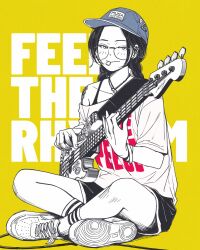  1girl artist_name baseball_cap bass_guitar blue_hat bra_strap cable closed_mouth clothes_writing commentary earrings english_commentary english_text fender_precision_bass full_body glasses guitar_strap half-closed_eyes hat hat_writing highres holding holding_bass_guitar holding_instrument indian_style instrument jewelry looking_at_viewer mouth_hold musa_(musa_draws) necklace original partially_colored plectrum plectrum_in_mouth print_shirt shirt short_shorts shorts single_bare_shoulder single_off_shoulder sitting socks solo sticker t-shirt text_background yellow_background 