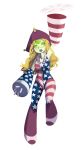  1girl :o absurdres america arm_up armpits bare_shoulders blonde_hair clownpiece facial_mark flandre495 forehead_jewel forehead_mark frills full_body fusion green_eyes green_skin hat highres long_hair looking_up open_mouth peridot_(steven_universe) small_breasts solo star star_print steven_universe striped touhou transparent_background tricorne unitard wavy_hair 