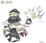  &gt;_&lt; 4girls bismarck_(kantai_collection) blonde_hair blue_eyes blush_stickers boots capelet carrying chibi closed_eyes dated flat_gaze gameplay_mechanics german graf_zeppelin_(kantai_collection) grey_boots grey_legwear hat heart kantai_collection letter multiple_girls o_o open_mouth peaked_cap prinz_eugen_(kantai_collection) rexlent running smile spoken_heart thigh-highs translated u-511_(kantai_collection) 