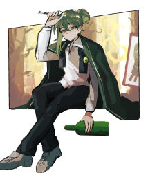  1boy arm_up black_pants bottle coat collared_shirt crossed_legs expressionless green_coat green_hair grey_shoes hair_bun highres holding holding_bottle holding_paintbrush invisible_chair library_of_ruina nakame77 netzach's_painting netzach_(project_moon) paintbrush pants project_moon shirt shoes single_hair_bun sitting solo white_shirt wine_bottle 