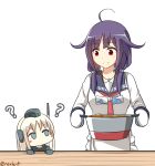  2girls ? ahoge blonde_hair blue_eyes commentary curry food garrison_cap hair_flaps hat kantai_collection kriegsmarine long_hair low_twintails magatama military military_uniform multiple_girls oven_mitts pot purple_hair red_eyes rexlent school_uniform serafuku table taigei_(kantai_collection) twintails u-511_(kantai_collection) uniform 