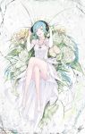  1girl alternate_costume aqua_eyes aqua_hair barefoot bracelet crossed_legs detached_sleeves dress flower hands_on_headphones hatsune_miku headphones headphones_removed highres jewelry long_hair looking_at_viewer marumoru muted_color necklace open_mouth pale_skin signature sitting smile solo twintails vocaloid white_dress 