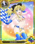  1girl artist_request belt bishop_(chess) blonde_hair blue_eyes card_(medium) character_name checkered checkered_flag chess_piece elbow_gloves fang gloves high_school_dxd midriff mittelt official_art racequeen smile solo swimsuit thigh-highs torn_clothes trading_card 
