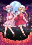  2girls ascot bat_wings black_shoes blonde_hair bloomers blue_hair bow brown_shoes bush clouds crystal dress flandre_scarlet floating flower full_moon glowing hat hat_bow light_particles mob_cap moon multiple_girls night night_sky open_mouth petals pink_dress red_dress red_eyes remilia_scarlet rose sayama_(chiwan0830) scarlet_devil_mansion shoe_ribbon shoes short_hair siblings side_ponytail silhouette sisters sky smile socks teeth tongue touhou underwear wall white_legwear wings 
