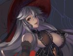  1girl bare_shoulders breasts brown_eyes granblue_fantasy hat magisa_(granblue_fantasy) silver_hair simosi solo witch_hat 