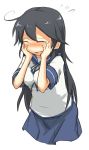  1girl ahoge black_hair blush closed_eyes commentary_request embarrassed hands_on_own_face itokayu kantai_collection long_hair open_mouth school_uniform serafuku skirt solo ushio_(kantai_collection) 