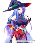  1girl black_gloves blue_eyes breasts daibouken!_yukeyuke_osawari_island fingerless_gloves gloves hand_on_hip hat hat_leaf large_breasts open_mouth pointer purple_hair re-so solo vial white_background witch_hat 