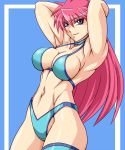  1girl abs armpits arms_up bikini breasts cleavage commentary_request long_hair looking_at_viewer midriff mighty_yukiko navel pink_hair smile solo swimsuit taroimo_(00120014) violet_eyes wrestle_angels wrestle_angels_survivor 
