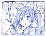  1girl antenna_hair bag branch hair_ribbon miyauchi_renge monochrome non_non_biyori ribbon sakino_shingetsu school_bag solo triangle_mouth twintails 