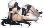  1girl arm_support black_hair bling_(wnsdud34) breasts cleavage curvy garter_straps hat large_breasts long_hair looking_at_viewer panties pantyshot red_eyes simple_background solo thick_thighs thighs underwear uniform very_long_hair white_background white_legwear wide_hips 