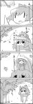  1girl 4koma :x autumn_leaves bow chibi_on_head cirno comic commentary dragonfly forest hair_bow hat highres ice ice_wings letty_whiterock minigirl monochrome nature open_mouth scarf smile swatting tani_takeshi touhou translated triangular_headpiece under_covers walking wind wings yukkuri_shiteitte_ne |_| 