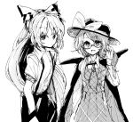  2girls bow cape dress fujiwara_no_mokou glasses hair_bow hands_in_pockets hat hat_bow hisona_(suaritesumi) low_twintails monochrome multiple_girls open_mouth ponytail smile suspenders touhou twintails usami_sumireko 