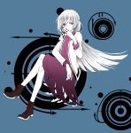  1girl cross-laced_footwear invisible_chair jacket kishin_sagume long_sleeves looking_at_viewer red_eyes shirt shoes single_wing sitting skirt solo tadano_kagekichi touhou white_hair wings 