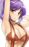  1girl armpits arms_up bikini breasts collarbone highres large_breasts looking_at_viewer open_mouth purple_hair red_bikini red_eyes solo swimsuit touhou under_boob y2 yasaka_kanako 
