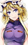  1girl blonde_hair blue_eyes breasts highres large_breasts long_hair looking_at_viewer naked_tabard parted_lips simple_background sketch smile solo tabard touhou upper_body y2 yakumo_yukari 