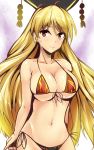  1girl bikini blonde_hair breasts cleavage front-tie_top hat highres junko_(touhou) large_breasts long_hair looking_at_viewer micro_bikini navel red_eyes side-tie_bikini simple_background sketch smile solo swimsuit touhou very_long_hair y2 