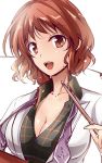  1girl blazer breasts cleavage drumsticks highres horikawa_raiko large_breasts looking_at_viewer open_blazer open_clothes red_eyes redhead shirt smile solo touhou upper_body y2 