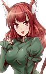  1girl :d alternate_hairstyle animal_ears blush breasts cat_ears cat_tail dress fangs green_dress hair_down highres kaenbyou_rin large_breasts long_hair long_sleeves looking_at_viewer open_mouth red_eyes redhead sketch smile solo tail touhou upper_body y2 