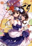  1girl breasts brown_hair character_request cleavage detached_sleeves dress flower glasses hair_ornament highres holding jpeg_artifacts looking_at_viewer macaron maid_headdress mikazuki_akira! petals red_eyes shoes side_ponytail smile solo strapless_dress 