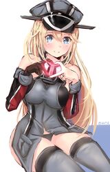  1girl bismarck_(kantai_collection) black_panties blonde_hair blue_eyes blush breasts hat heart heart_hands highres i.f.s.f jewelry kantai_collection long_hair looking_at_viewer military military_uniform panties peaked_cap ring solo thigh-highs underwear uniform wedding_band 