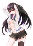  1girl absurdres artist_request black_hair breasts highres isokaze_(kantai_collection) kantai_collection long_hair looking_at_viewer mouth_hold no_panties open_clothes open_shirt red_eyes ribbon school_uniform serafuku shirt single_thighhigh skirt solo thigh-highs 