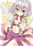  1girl adapted_costume albino angel_wings bra breasts cleavage feathers finger_to_mouth jacket kishin_sagume long_sleeves looking_at_viewer midriff navel open_clothes open_jacket pink_bra red_eyes shushing silver_hair single_wing skirt smile solo taishi_(moriverine) touhou underwear wings 