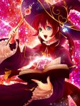  1girl :d blue_eyes book bowtie cowboy_shot frilled_sleeves frills green_eyes grimoire hair_between_eyes hat heterochromia jewelry long_sleeves magical_girl necklace open_book open_mouth original ponytail red_background redhead robe satochi_(1122) short_hair smile solo sparkle wand witch_hat 