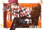  1girl :d argyle argyle_legwear argyle_sweater autumn autumn_leaves bench blush book border brown_eyes brown_hair cup from_side hat head_rest highres holding holding_book long_sleeves looking_at_viewer open_mouth original outdoors pantyhose shiime short_hair shorts sitting smile solo steam sweater text tree 