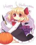  1girl absurdres bat_wings blonde_hair dress end_tieno fang_out frilled_dress frills hair_ribbon halloween happy_halloween highres knife pumpkin red_eyes ribbon rumia shirt short_hair smile solo touhou wings 