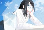  1girl aspara bangs black_hair blue_eyes blue_sky clouds collared_shirt cup dress_shirt drinking_glass from_below glasses hand_on_own_face highres ice_cube long_hair looking_at_viewer original shirt sky solo swept_bangs white_shirt 