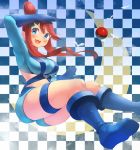  1girl blue_eyes blue_gloves boots checkered checkered_background crop_top elbow_gloves fuuro_(pokemon) gloves kazo long_hair long_sleeves looking_at_viewer midriff open_mouth poke_ball pokemon redhead shorts smile solo thigh_strap thighs 