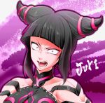  1girl bangs black_hair blunt_bangs breasts character_name constricted_pupils dudou han_juri looking_at_viewer marimo_(yousei_ranbu) muscle open_mouth short_hair solo street_fighter street_fighter_iv upper_body violet_eyes 