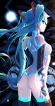  1girl ass back bai_yemeng bare_shoulders black_legwear blue_eyes blue_hair breasts bridal_gauntlets earrings hair_ornament hatsune_miku jewelry leotard long_hair looking_at_viewer looking_back sideboob smile solo tattoo thigh-highs twintails very_long_hair vocaloid 