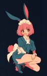  1girl akiyamabc animal_ears apron bare_legs boots brown_eyes bunny_tail cigarette dark_background dress frilled_apron frills high_heel_boots high_heels juliet_sleeves long_sleeves maid_headdress original pink_hair puffy_sleeves rabbit_ears short_hair side_slit simple_background solo squatting tail 