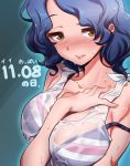  1girl between_breasts bikini bikini_under_clothes blue_hair blush breasts cleavage hand_between_breasts highres idolmaster idolmaster_million_live! large_breasts looking_at_viewer miyaji see-through short_hair solo strap_slip swimsuit swimsuit_under_clothes tank_top toyokawa_fuuka upper_body wet wet_clothes 