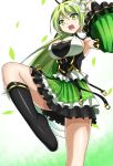  1girl :d alice360 armpits black_boots boots breasts cleavage detached_sleeves elsword fighting_stance flower green_eyes green_hair green_skirt hair_flower hair_ornament highres knee_boots long_hair open_mouth rena_(elsword) skirt smile solo wind_sneaker_(elsword) 