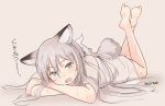  1girl animal_ears aqua_eyes fox_ears fox_tail long_hair lying naked_shirt nosuku on_bed on_stomach original shirt silver_hair solo sweat tail translated 