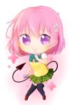  1girl blush cellphone chibi commentary_request demon_tail kiuikaree momo_velia_deviluke phone pink_hair school_uniform short_hair smile solo sweater sweater_vest tail thigh-highs to_love-ru to_love-ru_darkness violet_eyes 