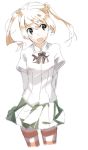  1girl :d arms_behind_back brown_hair green_eyes hair_bobbles hair_ornament ibarazaki_emi juliet_sleeves katawa_shoujo long_sleeves open_mouth puffy_sleeves school_uniform simple_background sketch skirt smile solo striped striped_legwear thigh-highs twintails weee_(raemz) white_background 