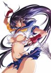  1girl arm_up blue_eyes breasts fingerless_gloves floating_hair from_side gloves highres holding ikkitousen kan&#039;u_unchou long_hair low-tied_long_hair navel no_bra polearm purple_hair short_sleeves simple_background solo tan torn_clothes under_boob very_long_hair weapon white_background 