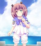 1girl bloomers brown_hair clouds final_fantasy final_fantasy_xiv heterochromia lalafell long_hair ocean outdoors pointy_ears shirt sky solo twintails underwear 