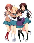  4girls :d a_channel absurdres ahoge black_hair black_legwear blonde_hair cardigan d:&lt; girl_sandwich highres ichii_tooru kneehighs kuroda_bb long_hair momoki_run multiple_girls nishi_yuuko official_art open_mouth pleated_skirt sandwiched school_uniform serafuku shoes short_hair skirt smile tennouji_nagisa thigh-highs uwabaki white_background white_legwear zettai_ryouiki 