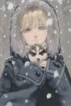  1boy animal_in_clothes bangs blonde_hair buttons closed_mouth coat dog eyelashes fur hana_bell_forest highres hood long_sleeves male_focus original sleeves_past_wrists smile snow snowing upper_body 