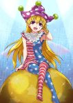  1girl alternate_legwear blonde_hair clownpiece face_painting fairy_wings hair_tucking hat highres jester_cap long_hair monrooru open_mouth sleeveless solo sparkle thigh-highs touhou violet_eyes wings 