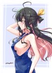  1girl ahoge apron black_hair blue_background blush bow breasts closed_eyes hair_blowing hair_bow hand_in_hair hand_on_hip kantai_collection large_breasts long_hair looking_to_the_side mikage_takashi multicolored_hair naganami_(kantai_collection) pink_hair sideboob simple_background smile solo twitter_username white_background 