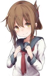  1girl brown_eyes brown_hair folded_ponytail inazuma_(kantai_collection) kantai_collection long_hair roll_okashi school_uniform serafuku smile solo 