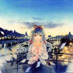  1girl blurry bow bridge calligraphy_pen_(medium) city city_lights collarbone crying crying_with_eyes_open depth_of_field envelope green_eyes hair_bow letter long_hair looking_at_viewer luo_tianyi reflection rei_(456789io) scenery skirt smile solo tears traditional_media tree twilight vocaloid vocanese water watercolor_(medium) wind 