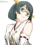  1girl bare_shoulders detached_sleeves green-framed_glasses green_eyes green_hair hairband kantai_collection kirishima_(kantai_collection) looking_at_viewer nontraditional_miko pre3445 short_hair solo twitter_username upper_body 