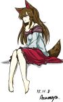  1girl animal_ears azumaya_toushirou breasts brooch brown_hair dated dress highres imaizumi_kagerou jewelry long_hair long_sleeves open_mouth red_eyes signature simple_background sitting solo tail touhou white_background wolf_ears wolf_tail 